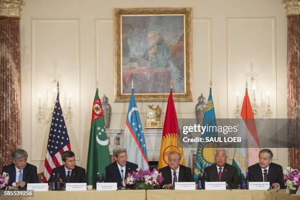 Secretary of State John Kerry speaks alongside Kyrgyz Republic Foreign Minister Erlan Abdyldaev , Turkmenistan Foreign Minister Rashid Meredov ,...