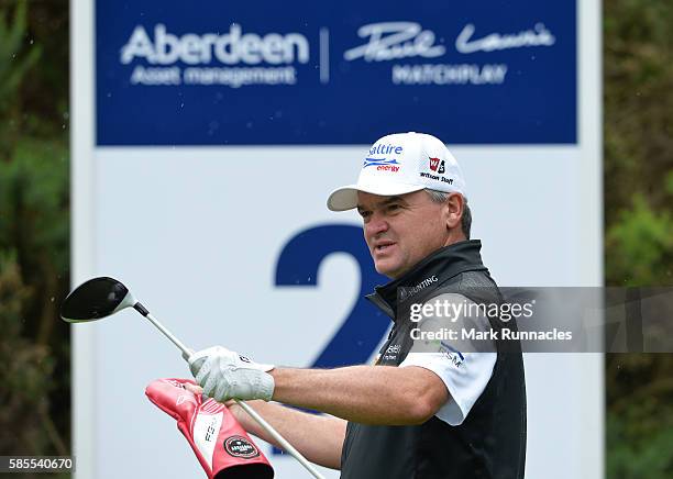 Paul Lawrie of Scotland at the 2nd tee during the Aberdeen Asset Management Paul Lawrie Matchplay Previews at Archerfield Links Golf Club on August...