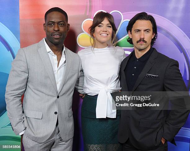 Actors Sterling K. Brown, Mandy Moore and Milo Ventimiglia arrive at the 2016 Summer TCA Tour - NBCUniversal Press Tour Day 1 at The Beverly Hilton...