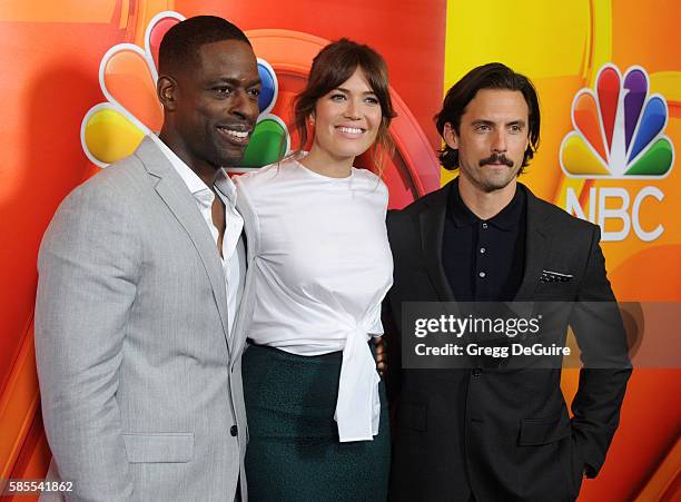 Actors Sterling K. Brown, Mandy Moore and Milo Ventimiglia arrive at the 2016 Summer TCA Tour - NBCUniversal Press Tour Day 1 at The Beverly Hilton...