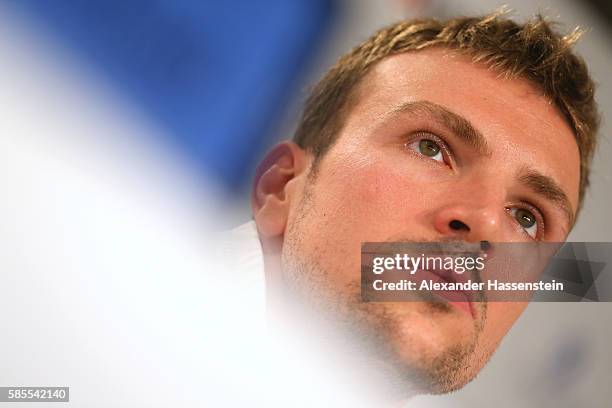 Paul Biedermann of Germany's Olympic Swimming team looks on during a press conference at the 'Deutsche Haus Rio 2016' ahead of the Rio 2016 Olympic...