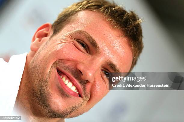 Paul Biedermann of Germany's Olympic Swimming team smiles during a press conference at the 'Deutsche Haus Rio 2016' ahead of the Rio 2016 Olympic...