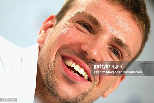 Paul Biedermann of Germany's Olympic Swimming team smiles during a press conference at the 'Deutsche Haus Rio 2016' ahead of the Rio 2016 Olympic...