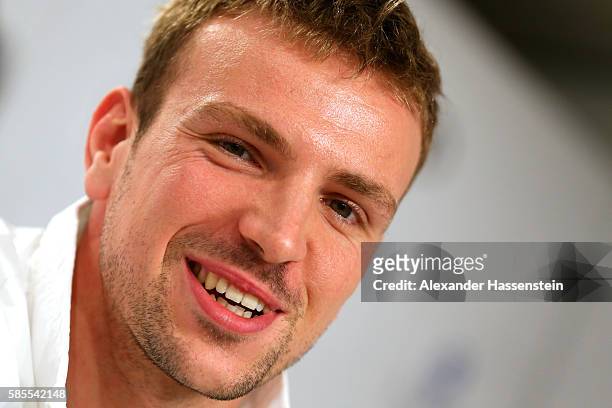 Paul Biedermann of Germany's Olympic Swimming team smiles during a press conference at the 'Deutsche Haus Rio 2016' ahead of the Rio 2016 Olympic...