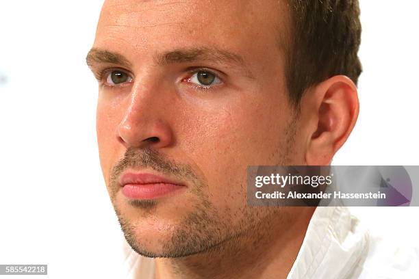 Paul Biedermann of Germany's Olympic Swimming team looks on during a press conference at the 'Deutsche Haus Rio 2016' ahead of the Rio 2016 Olympic...