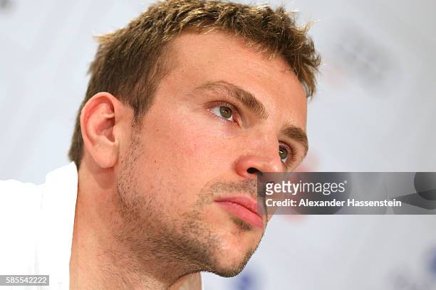 Paul Biedermann of Germany's Olympic Swimming team looks on during a press conference at the 'Deutsche Haus Rio 2016' ahead of the Rio 2016 Olympic...