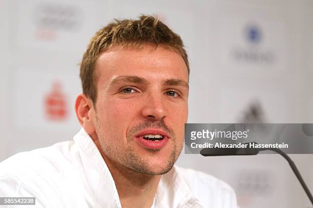 Paul Biedermann of Germany's Olympic Swimming team talks to the media during a press conference at the 'Deutsche Haus Rio 2016' ahead of the Rio 2016...