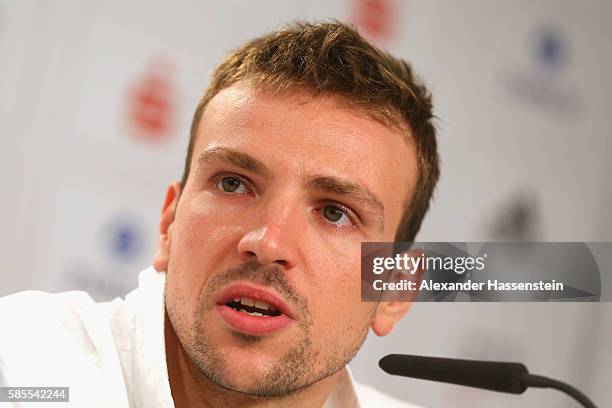 Paul Biedermann of Germany's Olympic Swimming team talks to the media during a press conference at the 'Deutsche Haus Rio 2016' ahead of the Rio 2016...