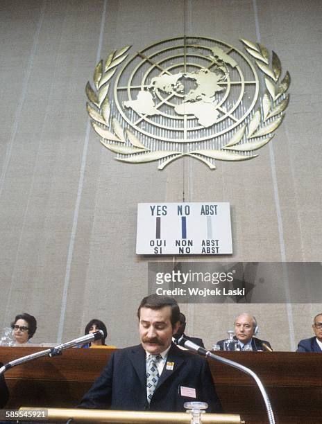 Leader of the "Solidarity" trade union Lech Walesa delivers a speech during the International Labour Organisation conference in Geneva, Switzerland,...