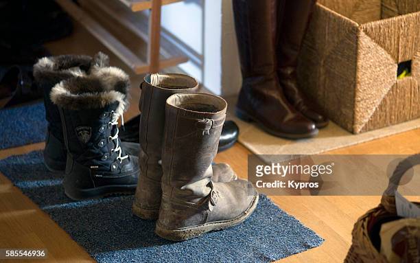 europe, germany, bavaria, munich, view of old leather riding boots in hallway - dressing up stock photos et images de collection