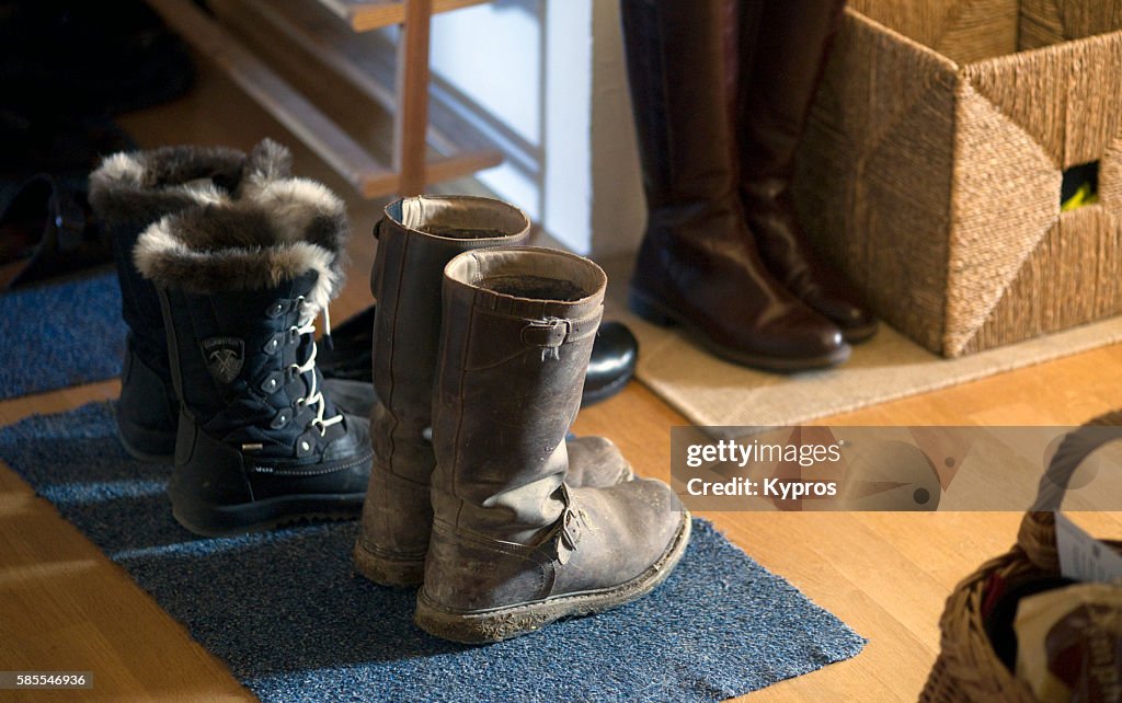 Europe, Germany, Bavaria, Munich, View Of Old Leather Riding Boots In Hallway