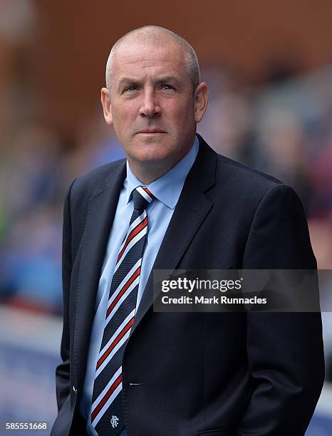 Rangers manager Mark Warburton looks on during a pre-season friendly between Rangers FC and Burnley FC at Ibrox Stadium on July 30, 2016 in Glasgow,...