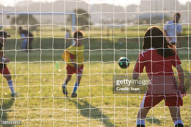 a girl's goalie defense a shoot - chutar fotografías e imágenes de stock