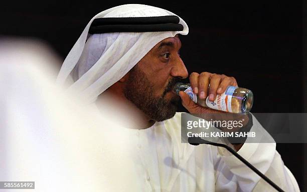 Emirates chief executive officer Sheikh Ahmed bin Saeed al-Maktoum gives a press conference near the airpot in Dubai, on August 3, 2016. An Emirates...