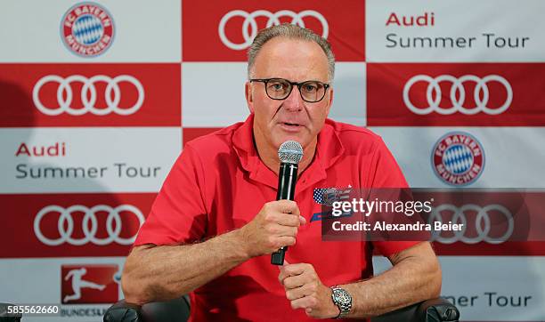 Of FC Bayern Muenchen Karl-Heinz Rummenigge addresses a news conference before the International Champions Cup match between FC Bayern Muenchen and...