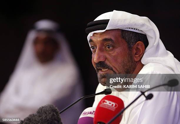 Emirates chief executive officer Sheikh Ahmed bin Saeed al-Maktoum gives a press conference near the airpot in Dubai, on August 3, 2016. An Emirates...