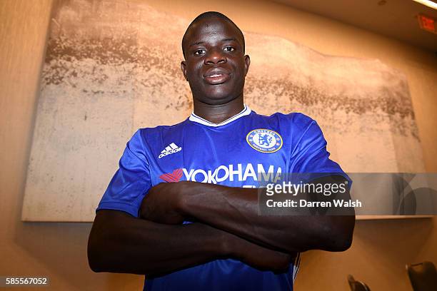 Chelsea's new signing N'Golo Kante poses for a photo during the club's pre-season US tour at Loews Hotel on August 3, 2016 in Minneapolis, Minnesota.