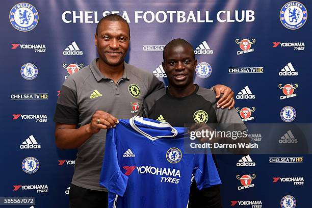 Chelsea's new signing N'Golo Kante poses for a photo with technical director Michael Emenalo during the club's pre-season US tour at Loews Hotel on...