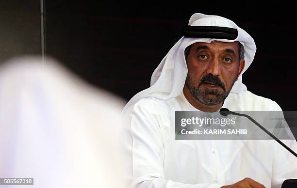 Emirates chief executive officer Sheikh Ahmed bin Saeed al-Maktoum gives a press conference near the airpot in Dubai, on August 3, 2016. An Emirates...
