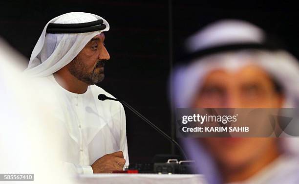 Emirates chief executive officer Sheikh Ahmed bin Saeed al-Maktoum gives a press conference near the airpot in Dubai, on August 3, 2016. An Emirates...