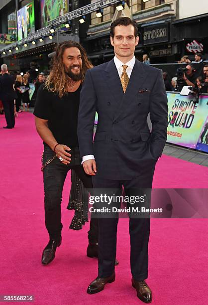 Jason Momoa and Henry Cavill attend the European Premiere of "Suicide Squad" at Odeon Leicester Square on August 3, 2016 in London, England.