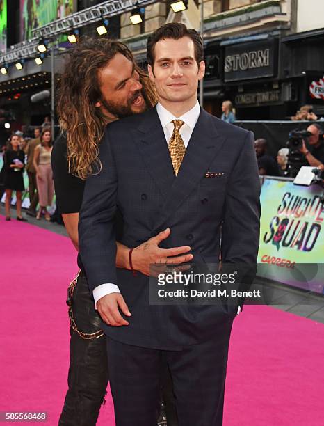 Jason Momoa and Henry Cavill attend the European Premiere of "Suicide Squad" at Odeon Leicester Square on August 3, 2016 in London, England.