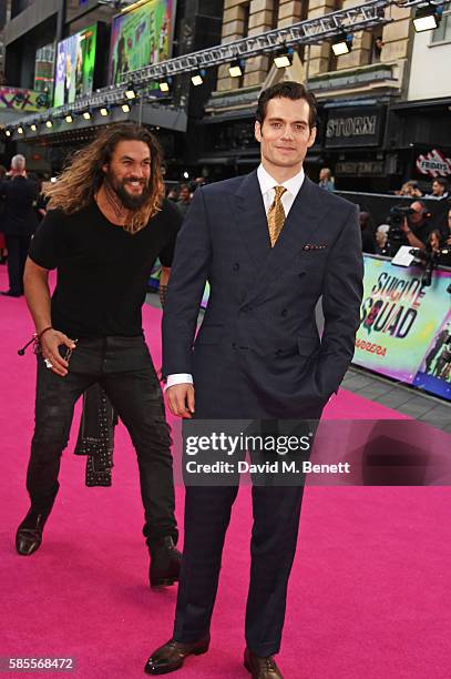 Jason Momoa and Henry Cavill attend the European Premiere of "Suicide Squad" at Odeon Leicester Square on August 3, 2016 in London, England.