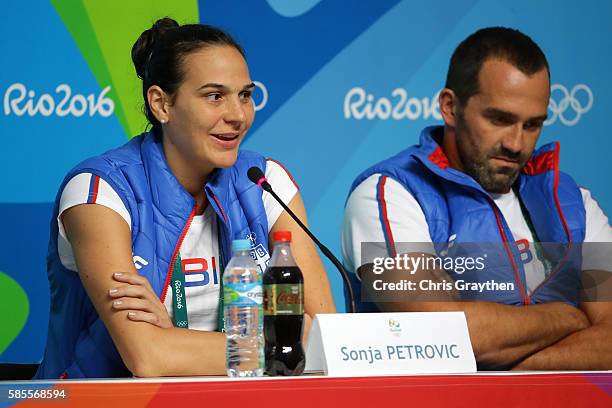 Sonja Petrovic and Zivko Gocic of Serbia speak with the media during a press conference at the Main Press Centre ahead of the Rio 2016 Olympic Games...