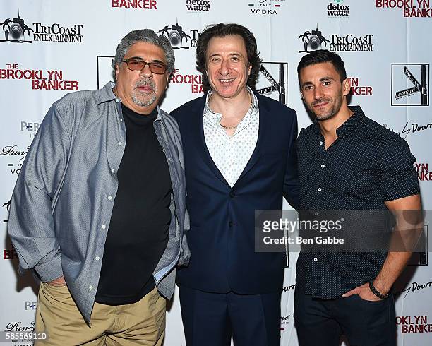 Vincent Pastore, director Federico Castelluccio and Jason Cerbone attend "The Brooklyn Banker" New York Premiere at SVA Theatre on August 2, 2016 in...