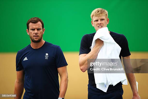 Team GB coach Leon Smith and Kyle Edmund of Great Britain during a practice session ahead of the Rio 2016 Olympic Games at the Olympic Tennis Centre...