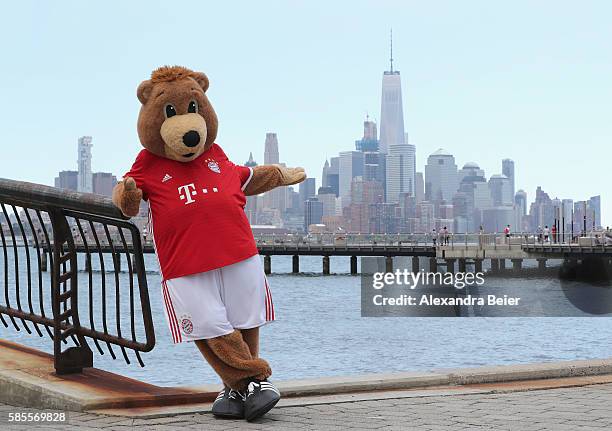 Berni, mascot of FC Bayern Muenchen poses in front of New York's skyline during the AUDI Summer Tour USA 2016 on August 3, 2016 in Hoboken, United...
