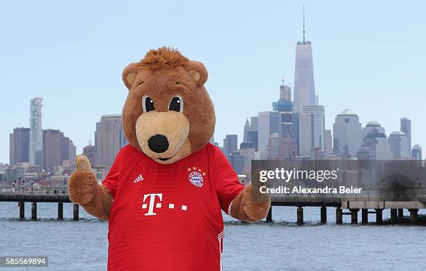 Berni, mascot of FC Bayern Muenchen, poses in front of New York's skyline during the AUDI Summer Tour USA 2016 on August 3, 2016 in Hoboken, United...