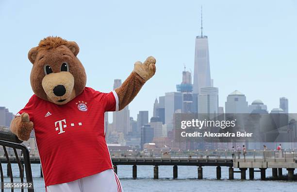 Berni, mascot of FC Bayern Muenchen, poses in front of New York's skyline during the AUDI Summer Tour USA 2016 on August 3, 2016 in Hoboken, United...