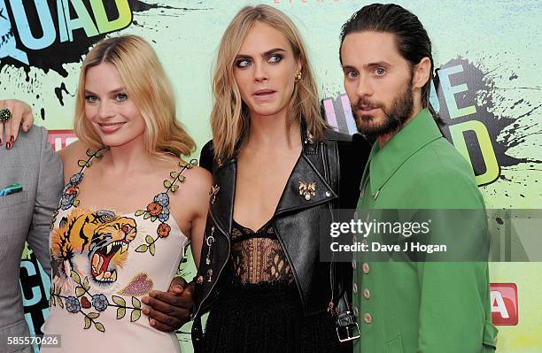 Margot Robbie, Cara Delevingne and Jared Leto attend the European Premiere of "Suicide Squad" at Odeon Leicester Square on August 3, 2016 in London,...