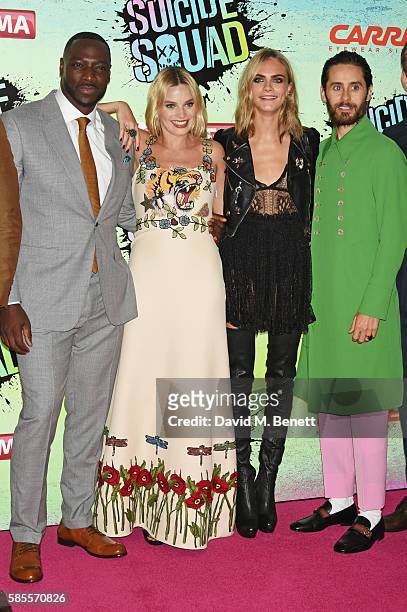 Adewale Akinnuoye-Agbaje, Margot Robbie, Cara Delevingne and Jared Leto attend the European Premiere of "Suicide Squad" at Odeon Leicester Square on...