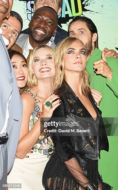 Cast members Jay Hernandez, Karen Fukuhara, Adewale Akinnuoye-Agbaje, Margot Robbie, Jared Leto and Cara Delevingne attend the European Premiere of...