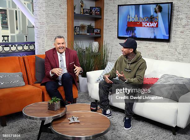 Host Ross Mathews and rapper Tyga attend Hollywood Today Live at W Hollywood on August 3, 2016 in Hollywood, California.