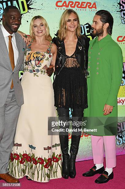 Adewale Akinnuoye-Agbaje, Margot Robbie, Cara Delevingne and Jared Leto attend the European Premiere of "Suicide Squad" at Odeon Leicester Square on...