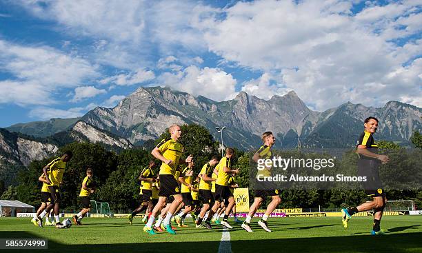 The team of Borussia Dortmund during a training session on the training ground of Bad Ragaz during Borussia DortmundÕs summer training camp 2016 on...