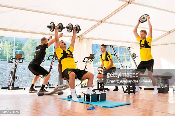 Rainer Schrey , Mario Goetze, Raphael Guerreiro and Andre Schuerrleof Borussia Dortmund during a training session on the training ground of Bad Ragaz...