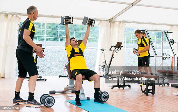 Rainer Schrey and Raphael Guerreiro of Borussia Dortmund during a training session on the training ground of Bad Ragaz during Borussia Dortmund's...