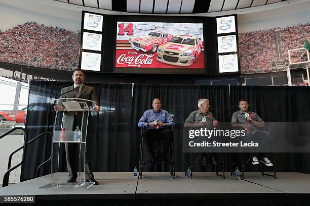 Mike Arning introduces Winston Kelley, Bobby Allison and Tony Stewart during the No. 14 Darlington Throwback Announcement True Speed Press Conference...