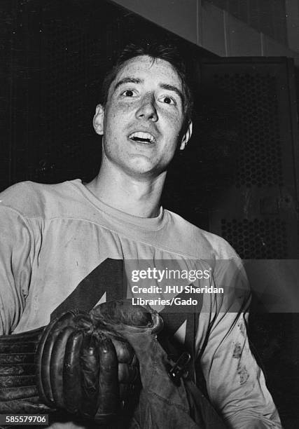 Candid portrait of Johns Hopkins University lacrosse defenseman Harry Nice, 1956. .