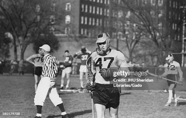 During a lacrosse game against Loyola, Johns Hopkins Co-captain and attackman Byron Forbush leaves the Homewood Field in Baltimore, Maryland. .