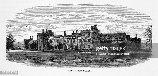 stockillustraties, clipart, cartoons en iconen met penshurst place, in penshurst, england landmarks victorian engraving, 1840 - northamptonshire