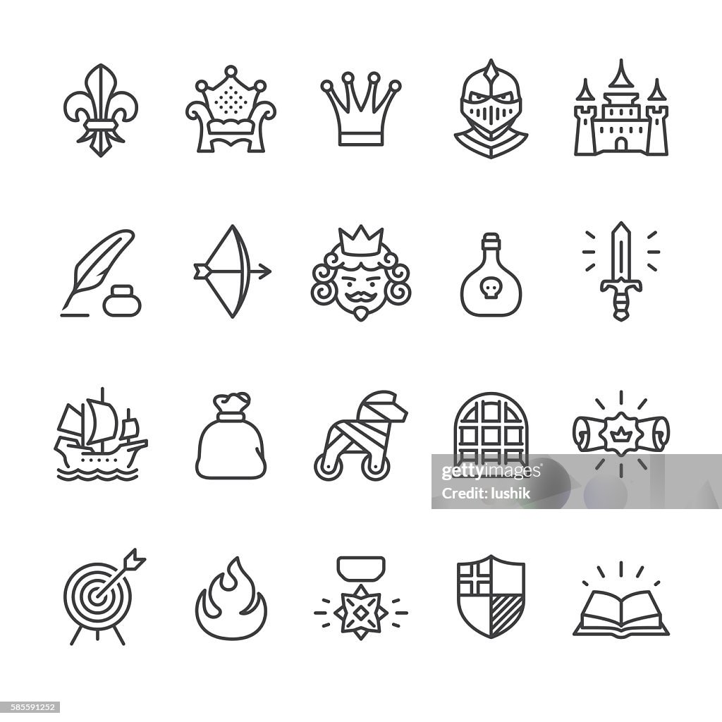 Königliche und mittelalterliche Themenvektor-Symbole