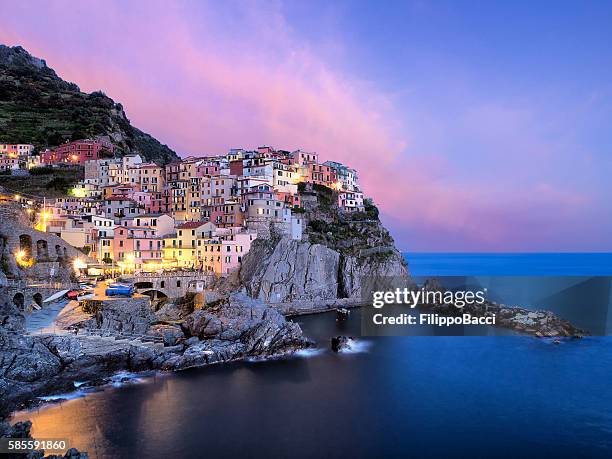 manarola view at sunset - landmark hotel stock pictures, royalty-free photos & images