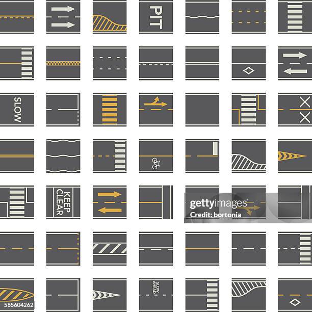 seamless road construction tiles kit - overhead perspective - train tracks above stock illustrations