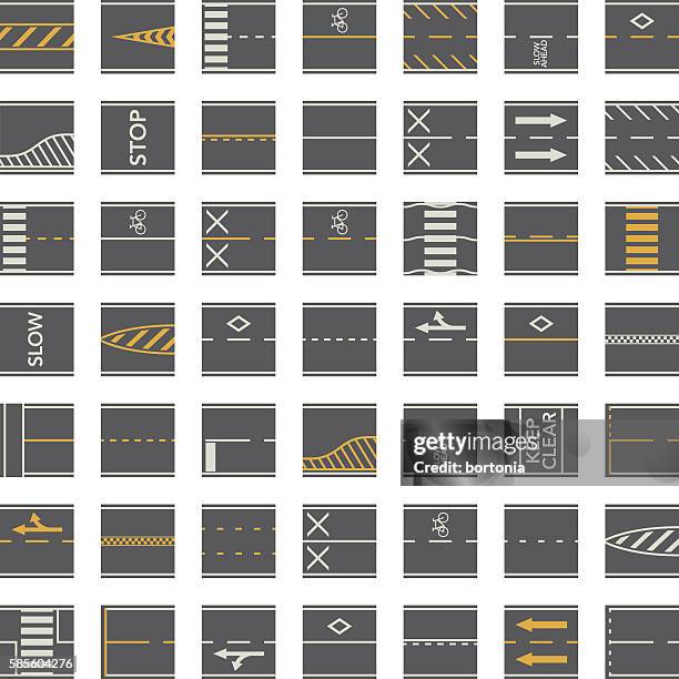 stockillustraties, clipart, cartoons en iconen met seamless road construction tiles kit - overhead perspective - merging sign