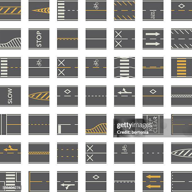 seamless road construction tiles kit - overhead perspective - merging sign stock illustrations